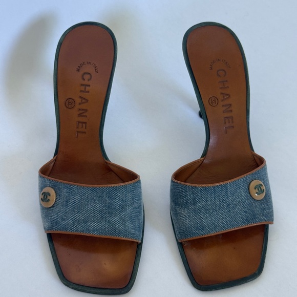 CHANEL Shoes - Archival Chanel Denim CC Button Sandal Mules (RARE)